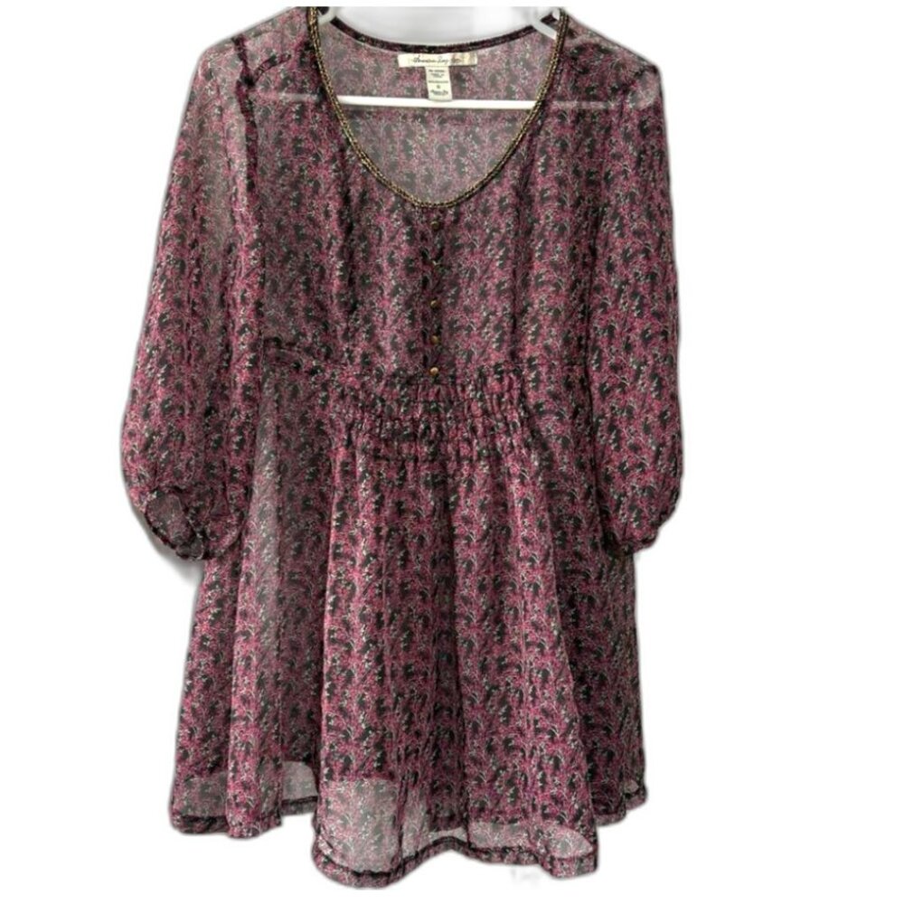 Vintage American Rag Cie Sheer Floral Gold Trim Mini Dress